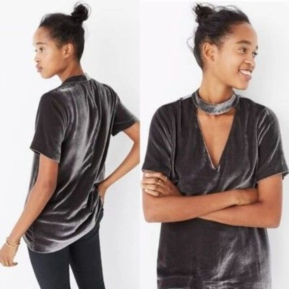 Madewell Silk Blend Velvet Choker V- Neck Short Sleeve Blouse